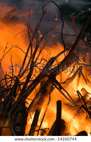 Burning wood in big bonfire place