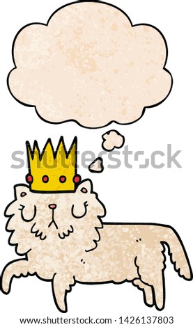 cartoon cat wearing crown with thought bubble in grunge texture style