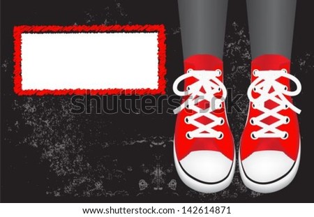 stained black background and legs in red sneakers