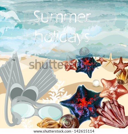 Vector background with detailed shells on a sand  and swimming mask for summer design
