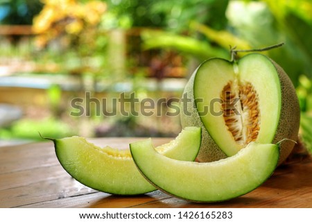 Whole and sliced of Honeydew melons,honey melon or cantaloupe (Cucumis melo L.) on wooden table with blurred garden background.Favorite fruit in summer.Fruits or healthcare concept.Selective focus. Royalty-Free Stock Photo #1426165283