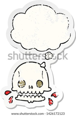 cartoon spooky skull with thought bubble as a distressed worn sticker
