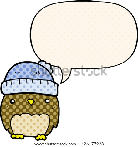 cute cartoon owl in hat with speech bubble in comic book style