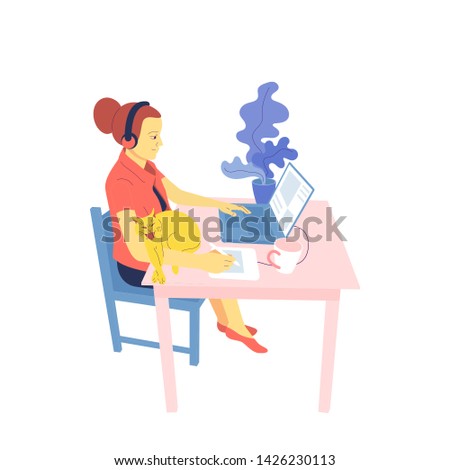 Flat style girl designer is sitting at desk and working with laptop, using graphic tablet. isolated on white background. stock vector illustration.
