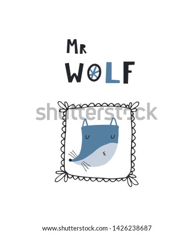 Baby print card: Mr Wolf. Hand drawn graphic for typography poster, card, label, flyer, banner, baby wear, nursery.  Scandinavian style. Black and blue. Vector illustration