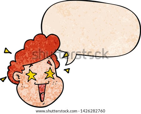cartoon happy face with speech bubble in retro texture style