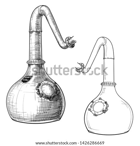 Whiskey making process from grain to bottle. A Swan necked copper Stills. Black and white ink style drawing isolated on white background. EPS10 vector illustration. Royalty-Free Stock Photo #1426286669