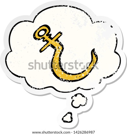 cartoon fish hook with thought bubble as a distressed worn sticker
