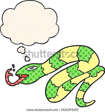 cartoon hissing snake with thought bubble in comic book style