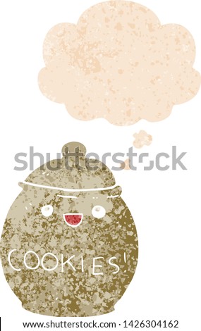 cute cartoon cookie jar with thought bubble in grunge distressed retro textured style
