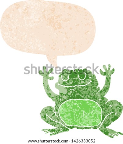 cartoon frog with speech bubble in grunge distressed retro textured style