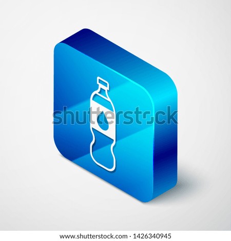 Isometric Bottle of water icon isolated on white background. Soda aqua drink sign. Blue square button. Vector Illustration