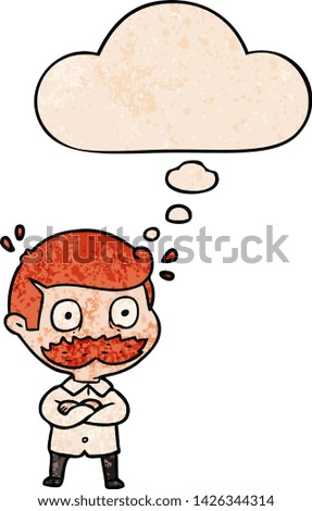 cartoon man with mustache shocked with thought bubble in grunge texture style