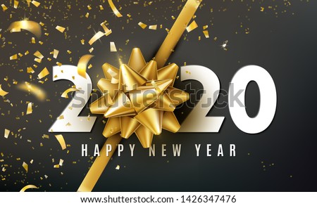 2020 Happy New Year vector background with golden gift bow, confetti, white numbers. Christmas celebrate design. Festive premium concept template for holiday. In my portfolio you can find for 2022 Royalty-Free Stock Photo #1426347476