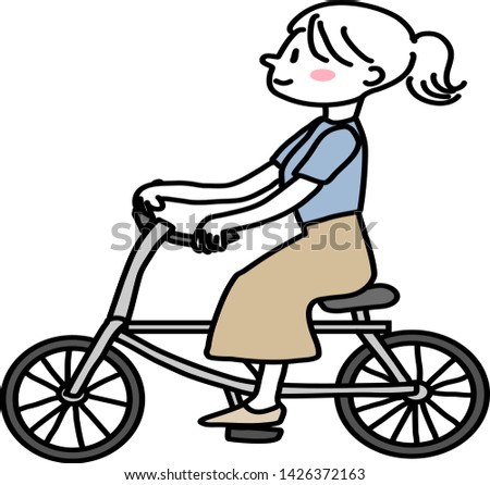 Cheerful woman riding bike. Happy woman with ponytail riding bicycle. Vector illustration with hand-drawn style.