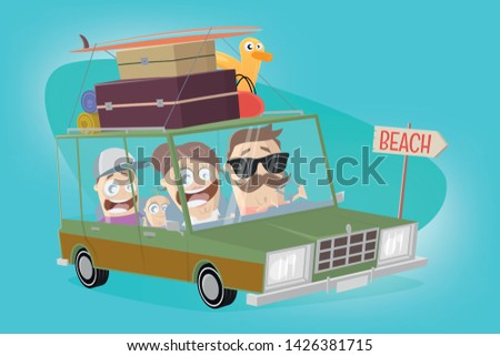funny illustration of a cartoon familiy in a vacation car