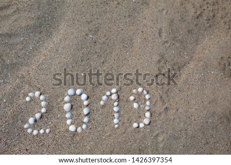 The figure of 2019 is laid out on the sand with shells. Background. There is free space.