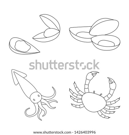 Vector illustration of food and sea sign. Set of food and healthy stock symbol for web.