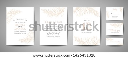 Pampas Grass Vintage Wedding Save the Date, Invitation Floral Cards Collection with Gold Foil Frame. Vector trendy cover, graphic poster, retro brochure, design template Royalty-Free Stock Photo #1426431020