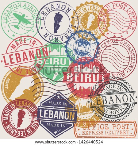 Beirut Lebanon Set of Stamps. Travel Stamp. Made In Product. Design Seals Old Style Insignia.