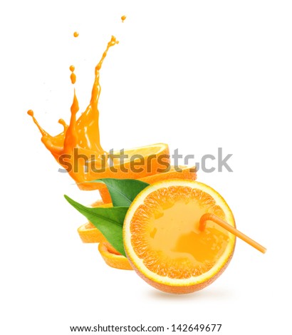 Stack of orange fruit slices with juice splash isolated on white background.