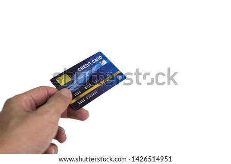 hand holding  blue credit card isolated over white background