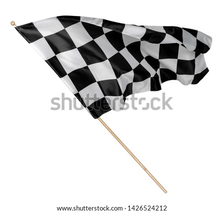 Black white race chequered or checkered flag with wooden stick isolated background. motorsport car racing symbol concept Royalty-Free Stock Photo #1426524212