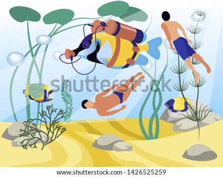 Fish in scuba swims among people diving under water. Unusual funny situation. Cartoon raster illustration