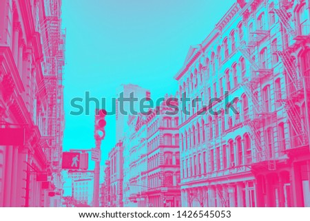 New York City street view in the SoHo neighborhood of Manhattan with pink and blue duotone color effect
