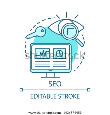 SEO blue concept icon. Search engine optimization idea thin line illustration. Digital marketing tactic. Website traffic increasing. Online marketing. Vector isolated outline drawing. Editable stroke