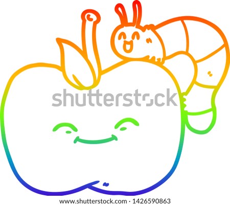 rainbow gradient line drawing of a cartoon apple and bug