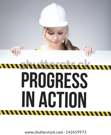 Progress in action sign on information poster and worker woman