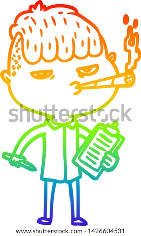 rainbow gradient line drawing of a cartoon salesman smoking