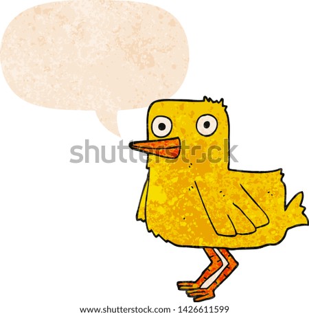 cartoon duck with speech bubble in grunge distressed retro textured style