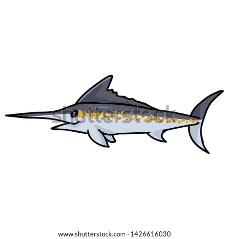 Cute ocean marlin cartoon vector illustration motif set. Hand drawn isolated sea life swordfish elements clipart for nautical blog, sword graphic, fishing web buttons.