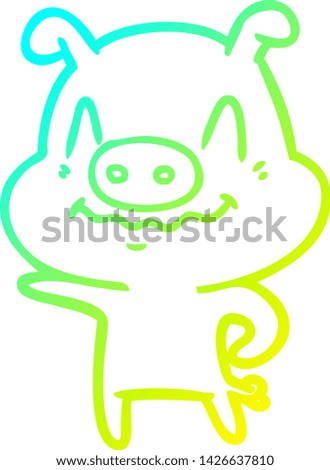 cold gradient line drawing of a nervous cartoon pig