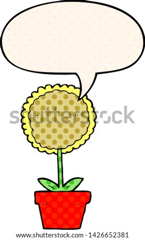 cute cartoon flower with speech bubble in comic book style