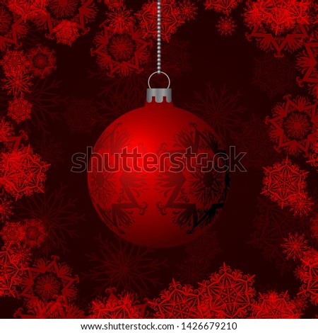 Christmas greeting card. Happy new year and Christmas card vector design. Christmas tree toys on snowflakes background.