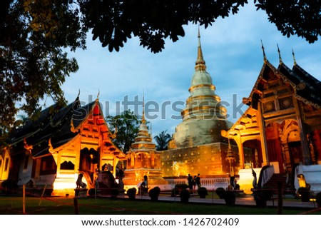 Temple in Chiang Mai, Thailand. Turn on the lights in the evening. Making this temple an important landmark for tourists Who had to stop taking pictures of the beauty of this Buddhist building