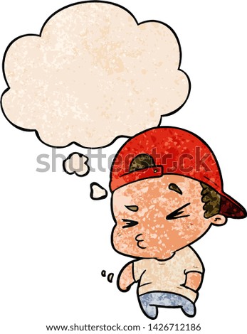cartoon cool kid with thought bubble in grunge texture style