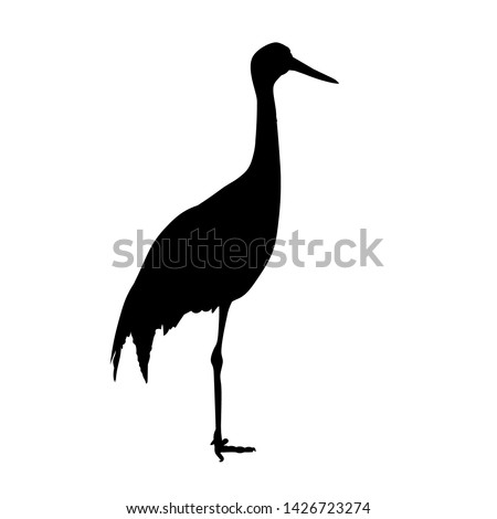 White-naped crane stands on one leg. Black silhouette profile. Vector illustration isolated on white background