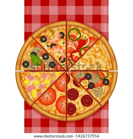 Pizza on a red checkered tablecloth on white background. Pizza menu. Object for packaging, advertisements, menu. Vector illustration. Realistic.