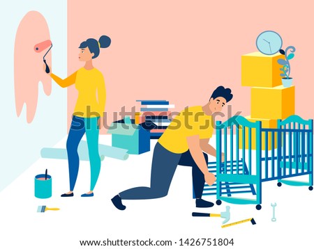 Preparing a childs room before the birth of a child. Mom paints the walls, dad collects the crib. In minimalist style. Cartoon flat vector Illustration