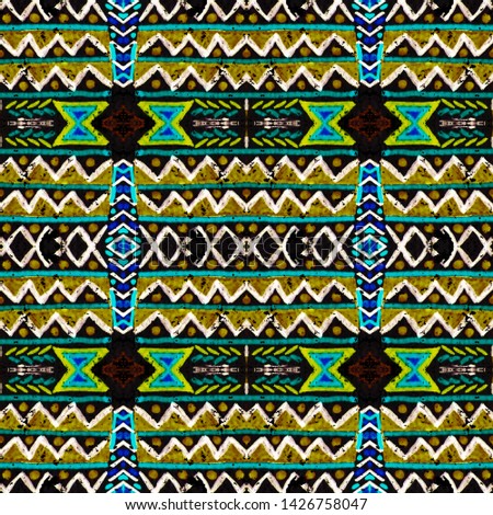 Traditional african pattern. Geometric seamless embroidery. Tribal decorative style. Peruvian folk drawing. Inca fashion illustration. Black, gold, purple, cyan, green traditional african pattern.