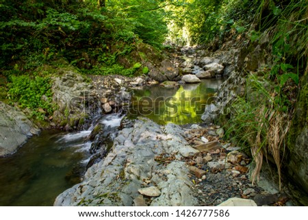 Russia, Caucasus, Matsesta, Mountain River with waterfalls and shallows
