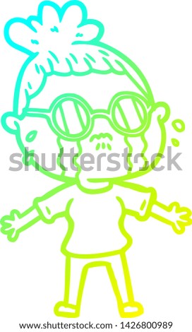 cold gradient line drawing of a cartoon crying woman wearing spectacles