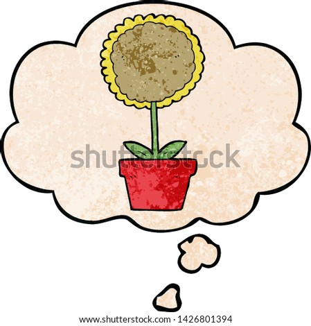 cute cartoon flower with thought bubble in grunge texture style