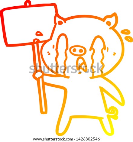 warm gradient line drawing of a crying pig cartoon with protest sign