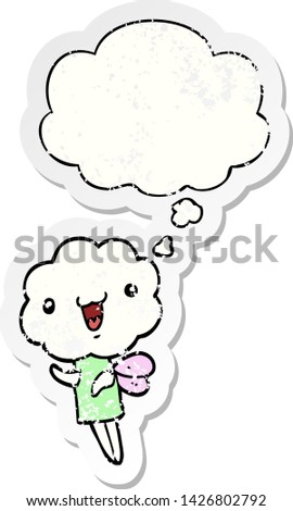 cute cartoon cloud head creature with thought bubble as a distressed worn sticker