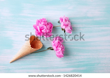 Peony flowers in the waffle cone. Creative design